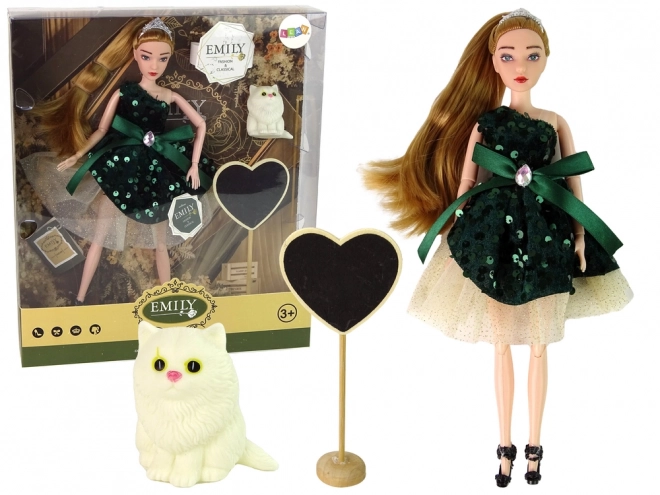 Emily Doll Set with Wooden Heart and White Kitten