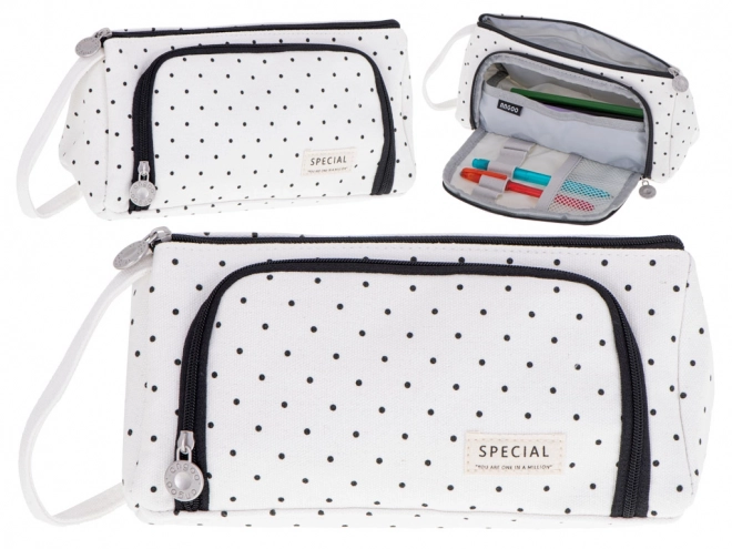 Double Compartment School Pencil Case White with Polka Dots