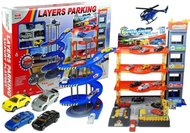 Large Multilevel Parking Garage with Cars and Helicopter