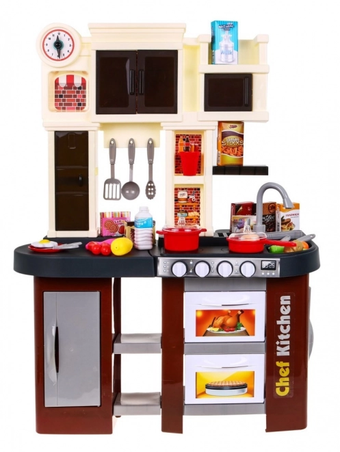 Interactive Brown Play Kitchen for Kids with Sound and Light Effects