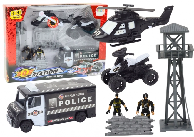 Police Set with Car, Quad, Figures, Helicopter, Lights and Sounds