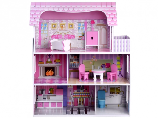 Wooden Dollhouse with Furniture and LED Lights