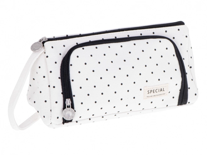 Double Compartment School Pencil Case White with Polka Dots