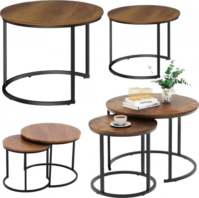 Set di tavolini rotondi da caffè 2 in 1 in legno naturale