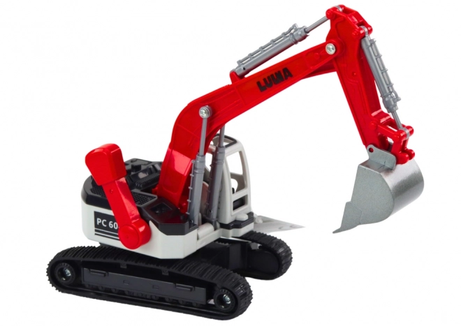 White and Red Metal Excavator with Rotating Cabin