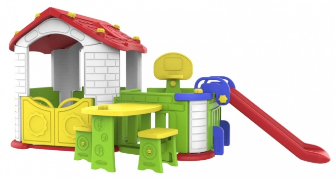 Large Children's Garden House 5 in 1 + Slide + Basketball Hoop + Garden + Table + 2 Chairs Red Roof