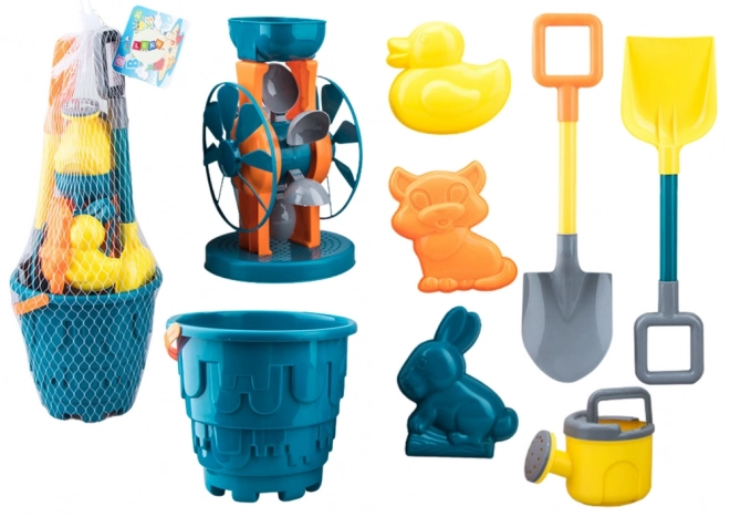 Sand Toy Set with Bucket, Mill, Shovels, and Molds in Turquoise