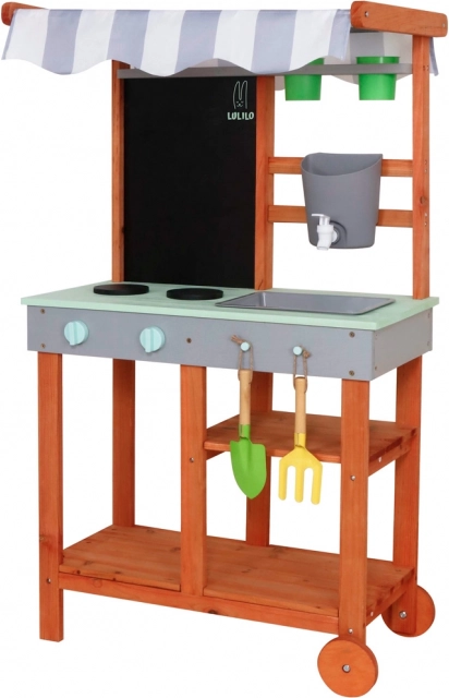 Cuisine de jardin en bois sur roulettes avec accessoires et robinet Lulilo Sableto