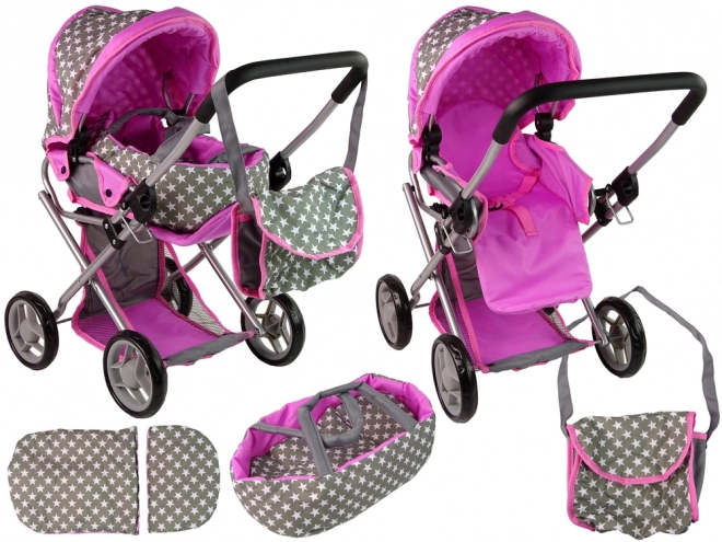 Doll Stroller with Bag Gray Pink Stars