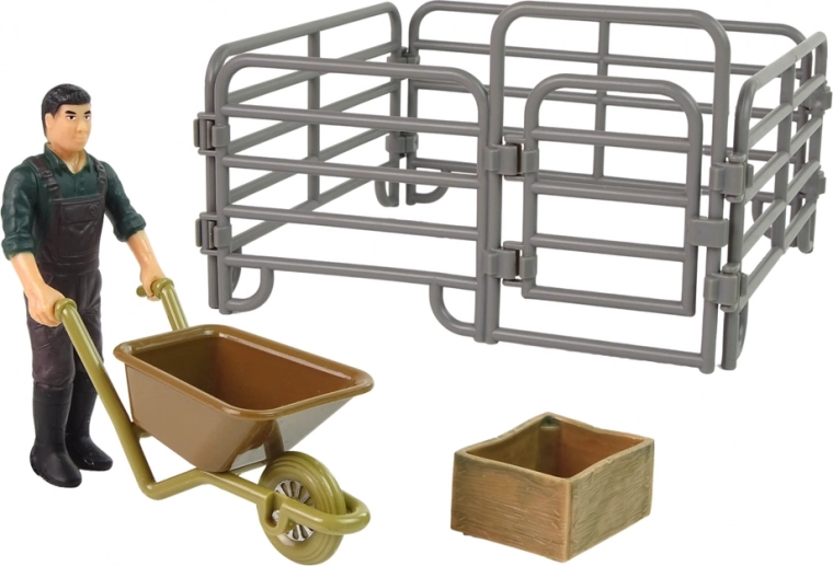 Farmer, wheelbarrow, and pen for story-based play