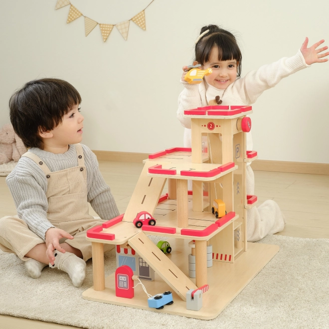 Wooden Parking Garage Set with Elevator