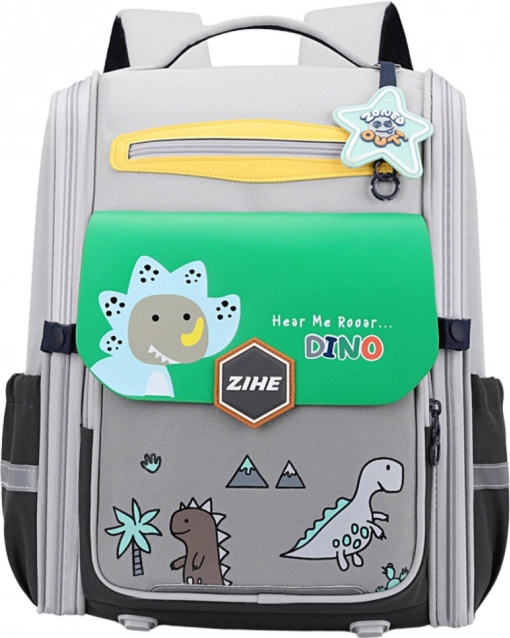 Sac à dos scolaire motif dinosaures avec sangle de poitrine gris-vert 21 L