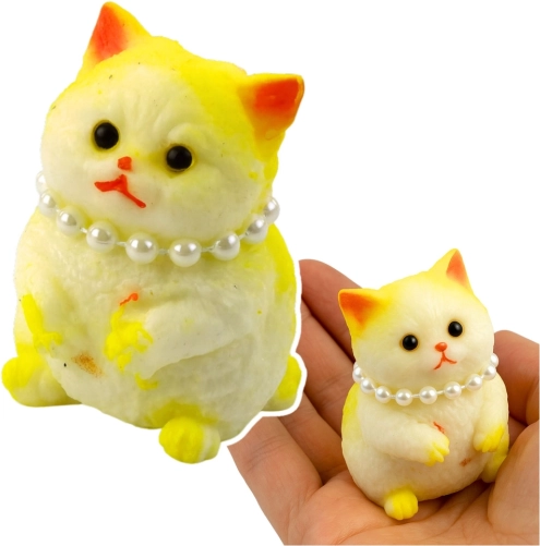 soft anti-stress squishy cat with pearls, white-yellow 7.5 cm