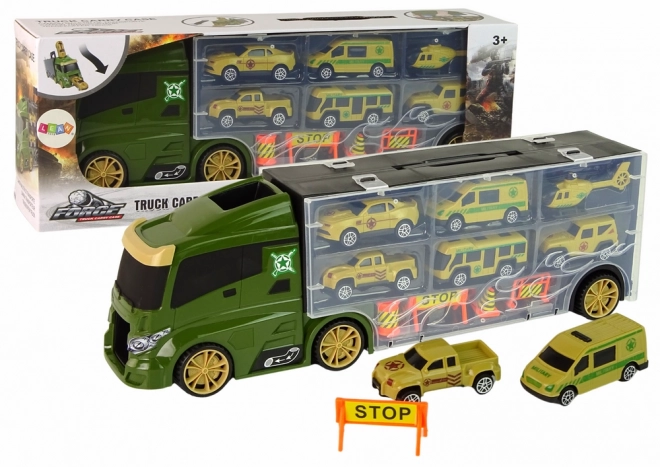 Transport Truck with Small Vehicles and Carrying Case - Green