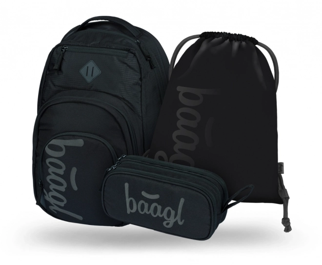 baagl set nero con tre articoli: zaino, astuccio e sacca