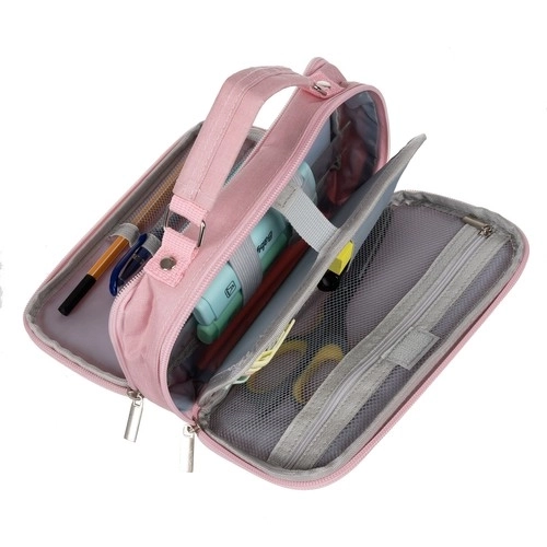 Large Pink School Pencil Case - Foldable Double Compartment