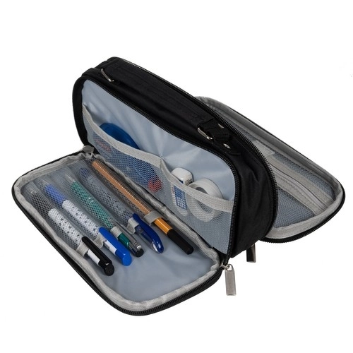 Large Black School Pencil Case - Expandable Dual Compartment