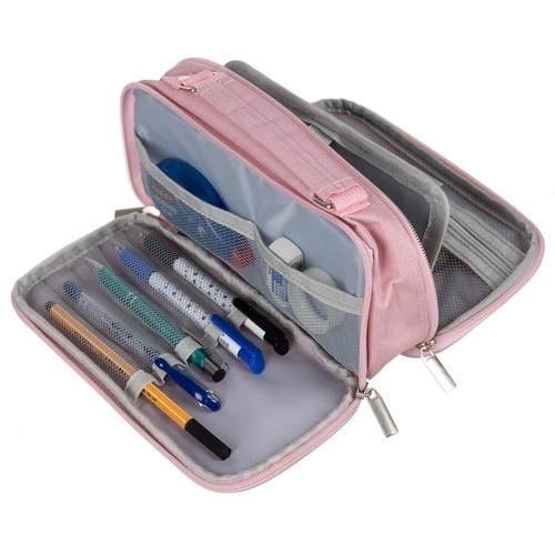 Large Pink School Pencil Case - Foldable Double Compartment