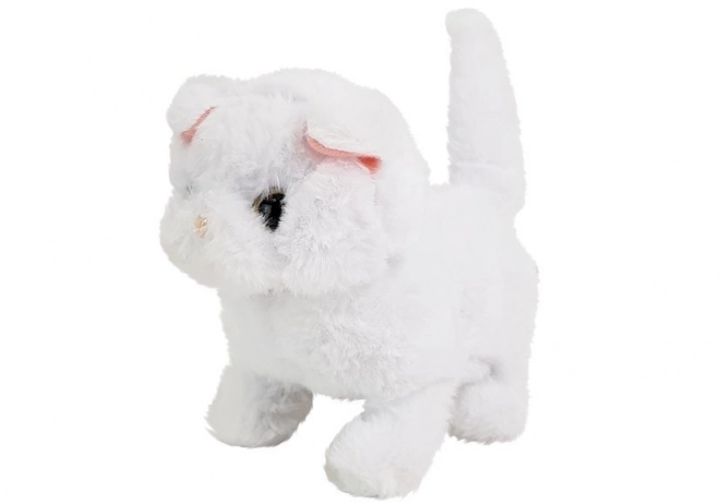 Interactive white Persian cat walks with tail on battery