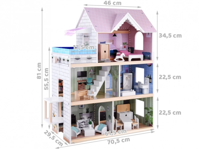 Wooden Dollhouse with Pool, Elevator, Furniture, and LED Lights