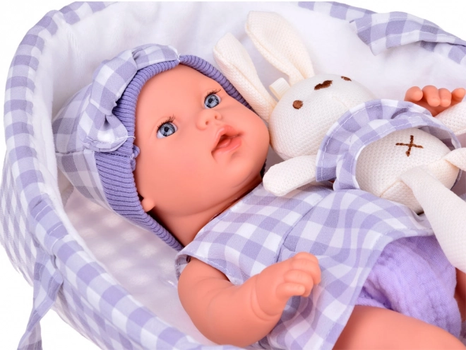 Newborn Doll with Grey Hat and Dress with Bunny Toy