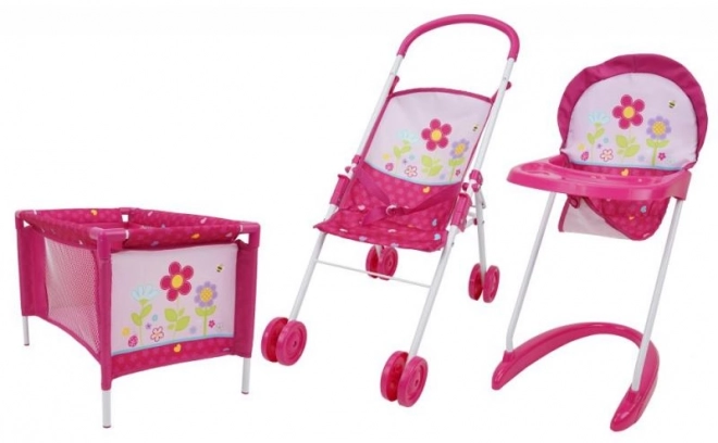 3-piece Play Set with Stroller, High Chair, and Cot - Flowers