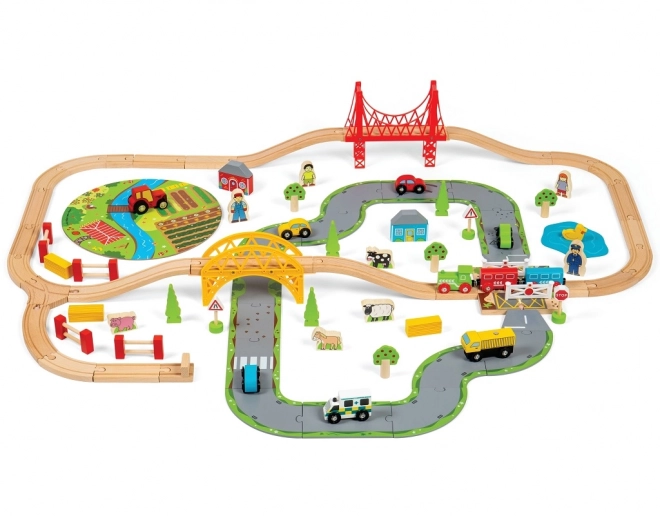 Bigjigs Rail Wooden Train Set with Country Road 80 Pieces