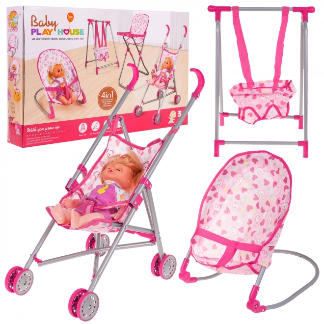 3-in-1 Doll Care Playset with Pink Stroller, Swing, Rocker and Doll