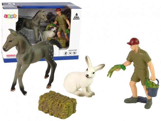 Animal Figurine Set Horse Gray Rabbit Farmer