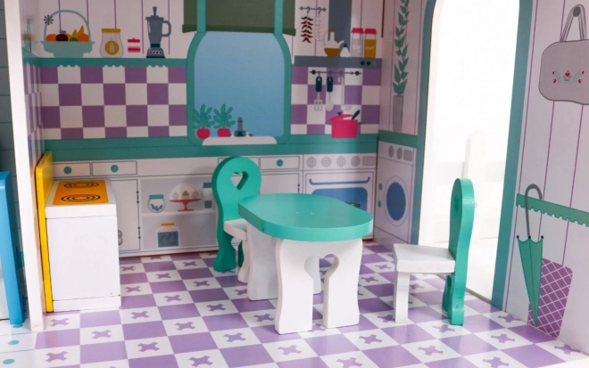 Wooden Dollhouse Pink for Kids 3+ with Equipment and Furniture