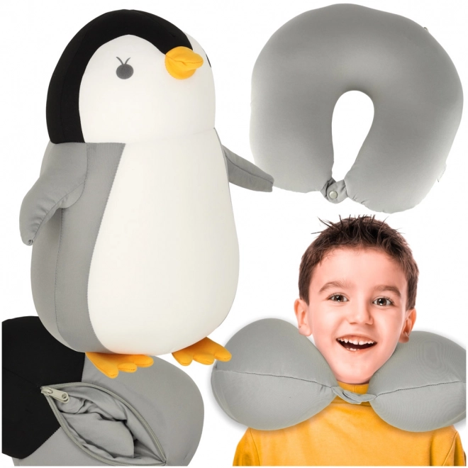 Coussin de voyage 2 en 1 en forme de croissant et peluche pingouin