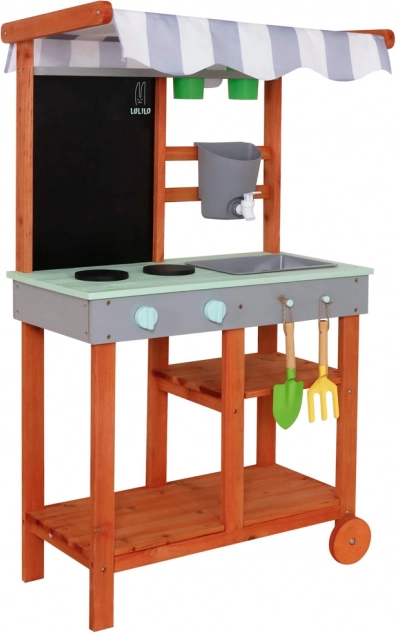 Cuisine de jardin en bois sur roulettes avec accessoires et robinet Lulilo Sableto