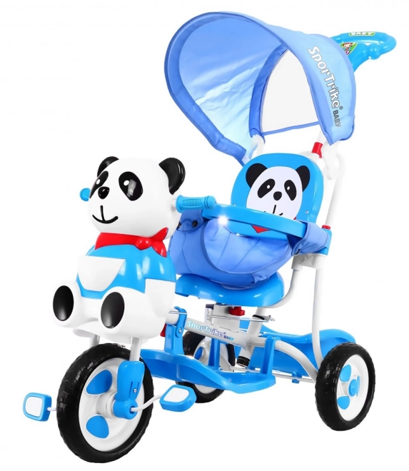 Dětské tříkolové kolo Panda + zvuky + stříška + zábrana + opěrka nohou + rukojeť + ližiny + úložný prostor – Modré