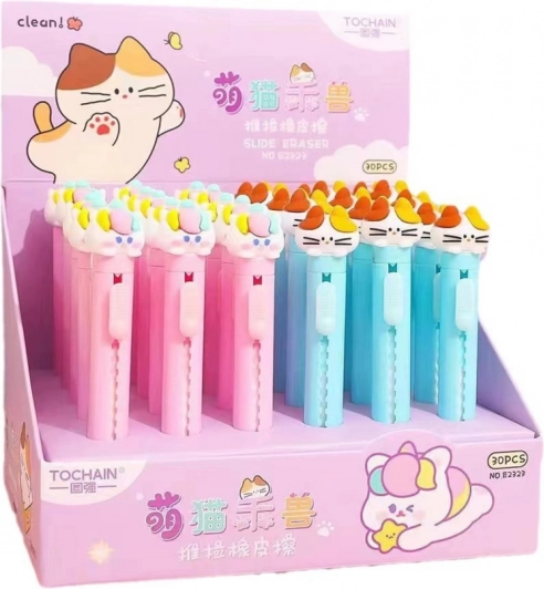 Slide-out eraser with cat figure blue pink