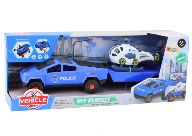 Modern Car Set with Helicopter and Trailer DIY Blue