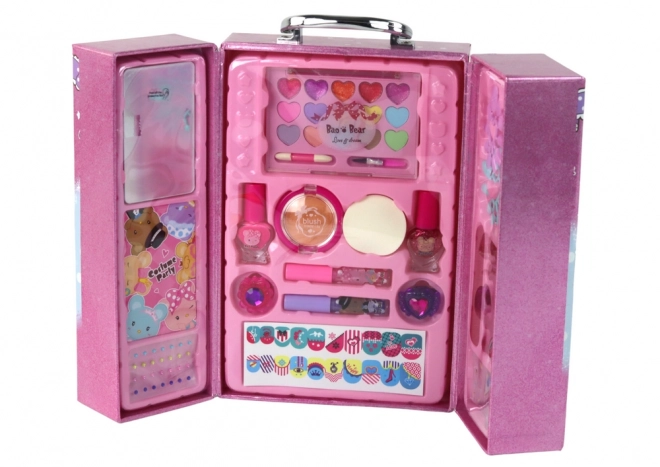 Cosmetic set for makeup and nails in a pink case