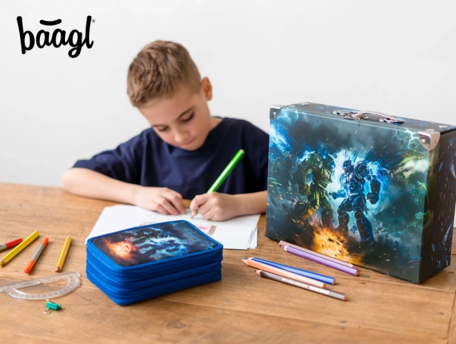 Baagl School Pencil Case Three-Compartment Robots