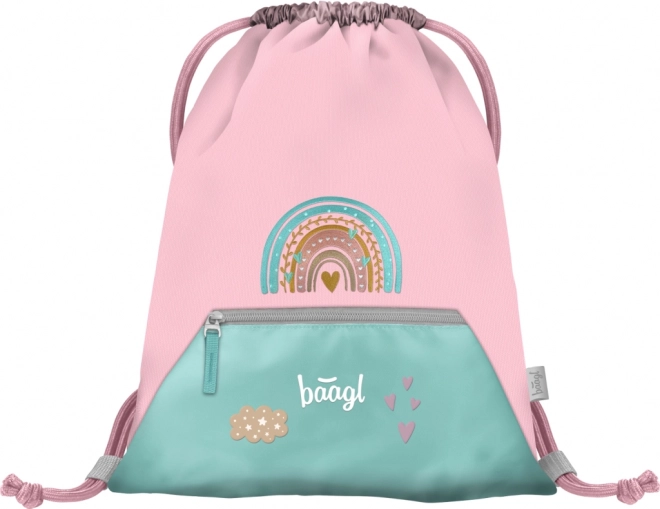 Drawstring Bag with Pocket - Pink Rainbow