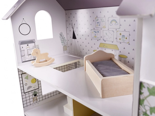 Wooden Dollhouse with Furniture Gray