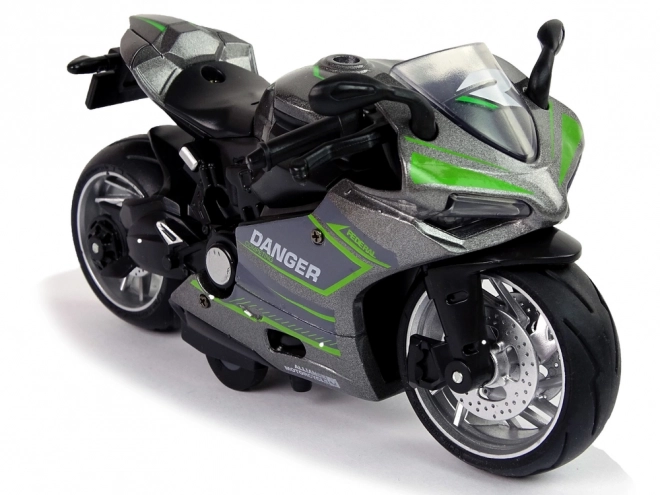 Gray and Green Pull-Back Toy Motorcycle with Lights and Sound 1:12 Scale