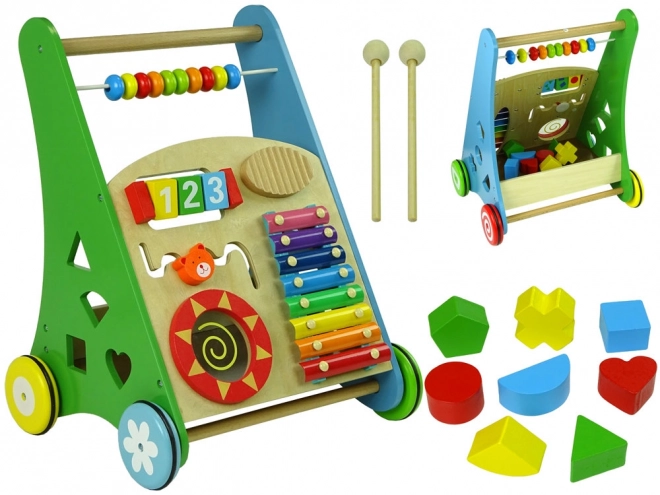 Colorful Wooden Walker with Xylophone and Shape Sorter