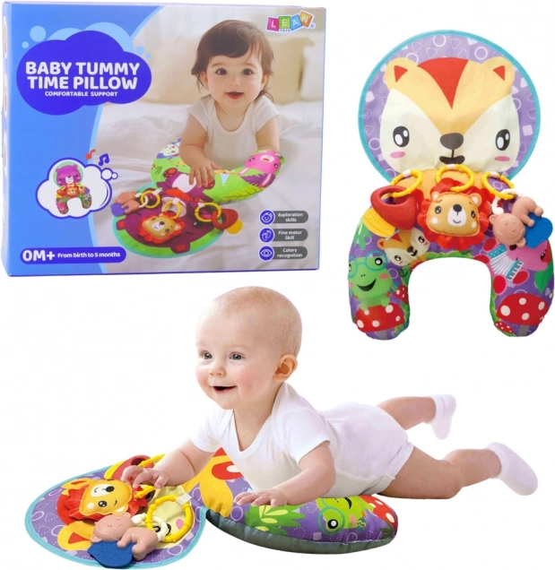 Support pillow for babies with hang-on toys and crinkly fox mat