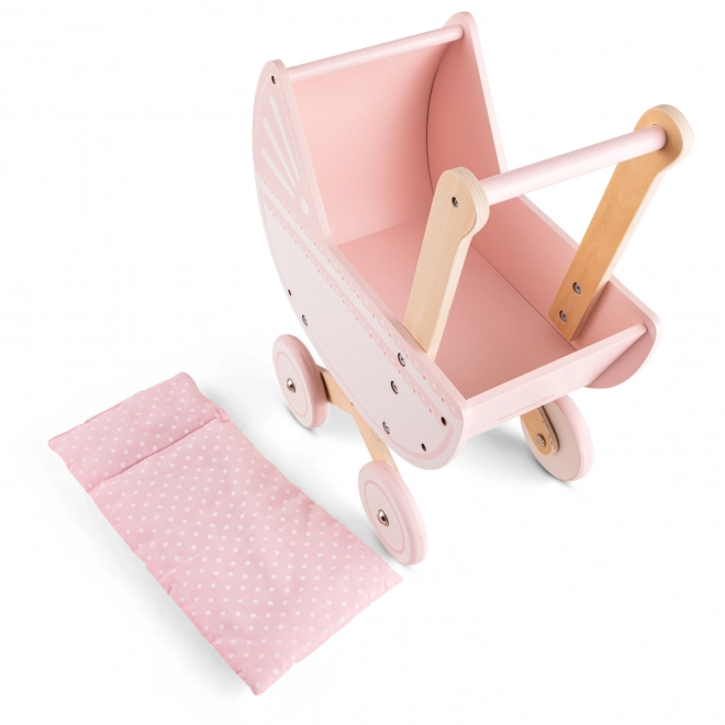 Roze houten poppenwagen met dekentje
