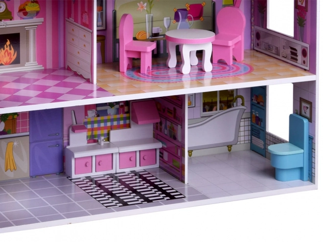 Wooden Dollhouse with Furniture and LED Lights