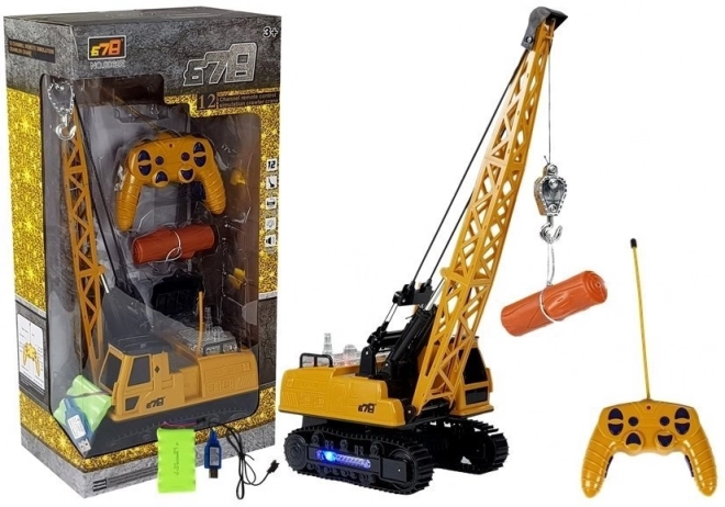 Remote Controlled Construction Crane with Movable Arm and Lights - Yellow