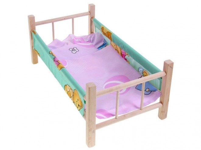 wooden doll bed with bedding set