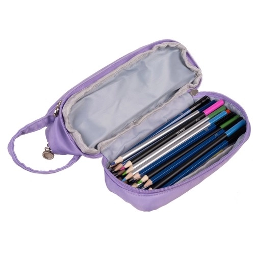 Large Purple School Pencil Case - Foldable with Three Compartments