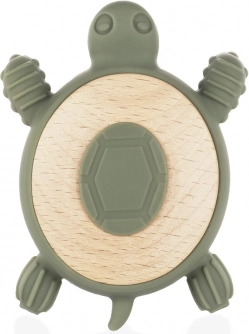 Silicone Wooden Teether Turtle, Forest Green