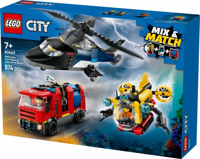 Lego City Helicopter and Fire Truck Set with Submarine