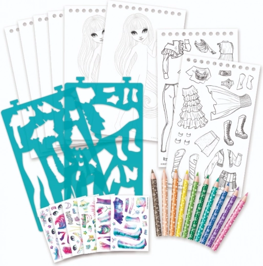 Stencils, pencils, and stickers for outfit creation